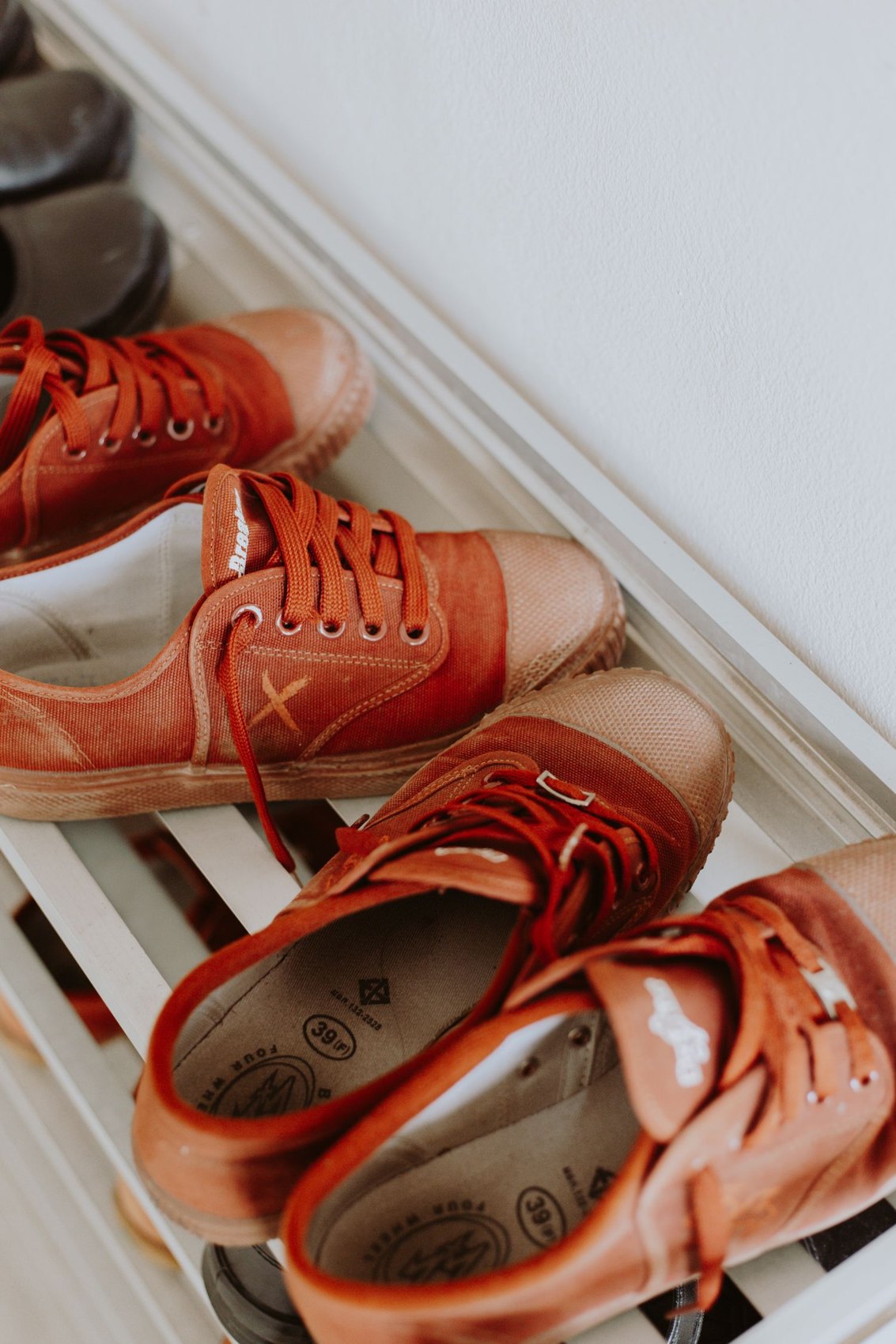 Clean pairs of shoes on a white shoe rack